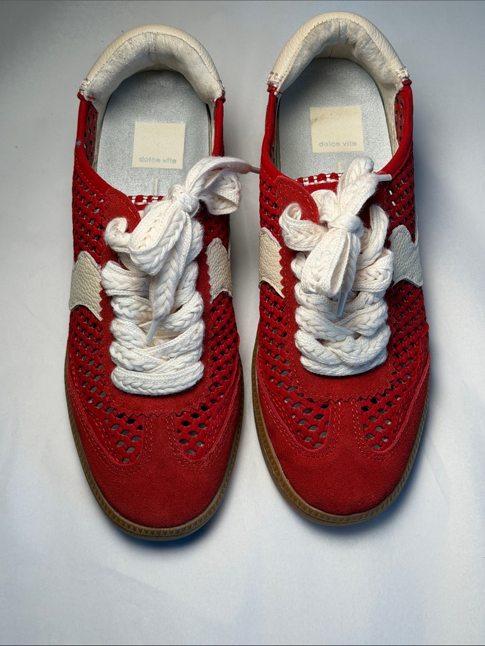 Dolce Vita Merit Perforated Red Suede Sneaker with Cream Accents - Picture 8 of 10